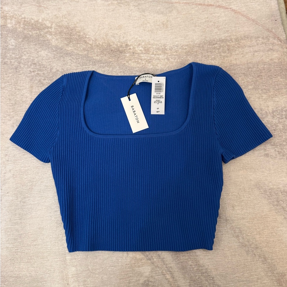 aritzia blue babton square neck knit cropped top